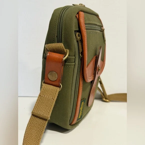 Billingham England Compact Stowaway Camera Green Cognac Brown Leather Handbag - Picture 4 of 15